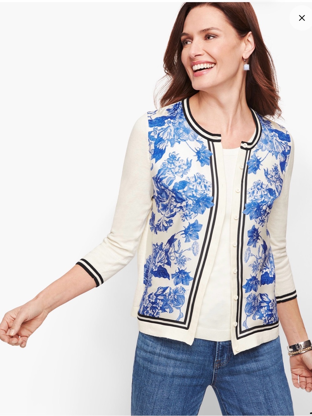 Talbots Cream Knit Top with Black Trim